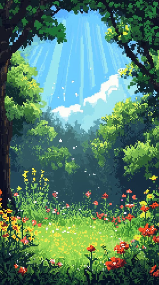 A sunlit clearing in a pixel forest